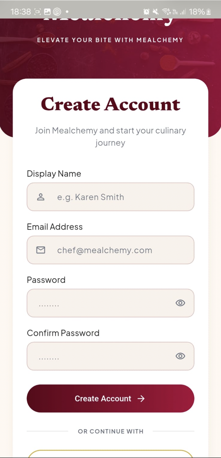 Live create-account screen