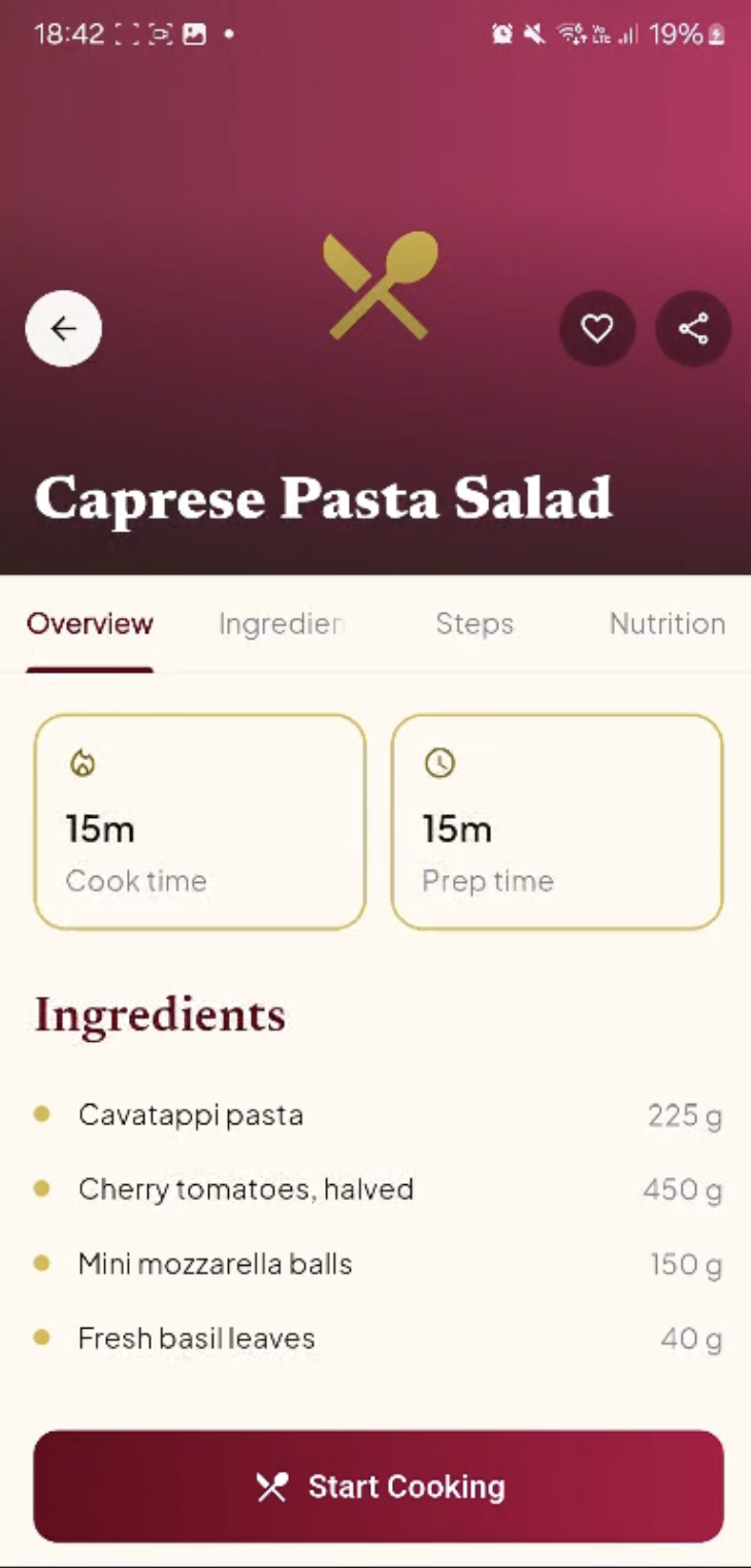Live recipe instructions screen